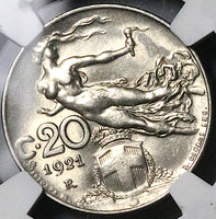 1921 NGC MS 63 Italy 20 Centesimi Flying Woman Mint State Rome Coin (25011901C)