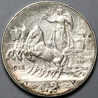 1912 Italy 2 Lire VF Horses Chariot Quadriga Silver Coin (24053001R)