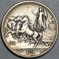 1915 Italy 2 Lire VF Horses Chariot Quadriga Silver Coin (24090503R)