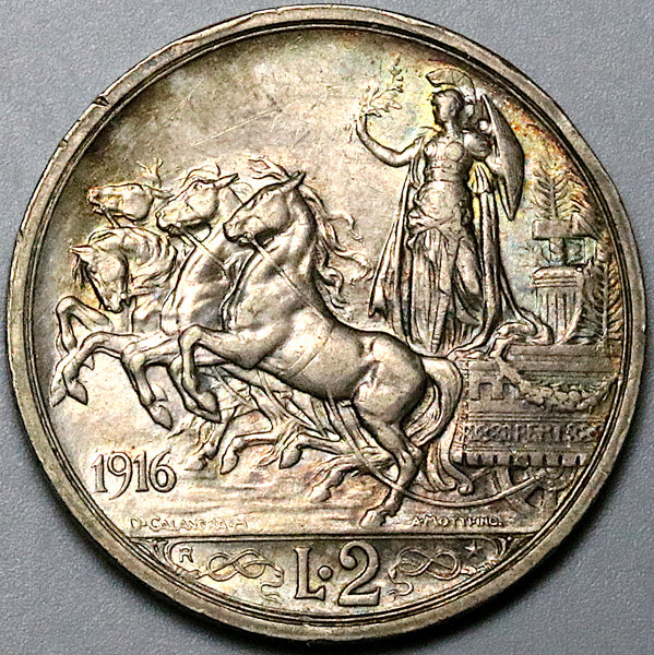 1916 Italy 2 Lire UNC Horses Chariot Quadriga Silver Coin (24060103R)
