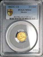 1863-C PCGS MS 64 Mexico Gold 1/2 Escudo Culiacan Mint State Coin POP 2/0 (23051602C)