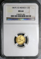 1867-C NGC MS 64 Mexico Gold 1/2 Escudo Culiacan Mint State Coin POP 7/0 (24011201D)