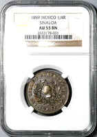 1859 NGC AU 55 Sinaloa Culiacan Mexico 1/4 Real Liberty Head Copper Coin (24030601C)