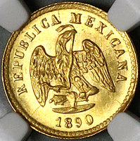 1890-Zs NGC MS 63 Mexico Gold 1 Peso Zacatecas 738 Minted Rare Coin (25020802C)