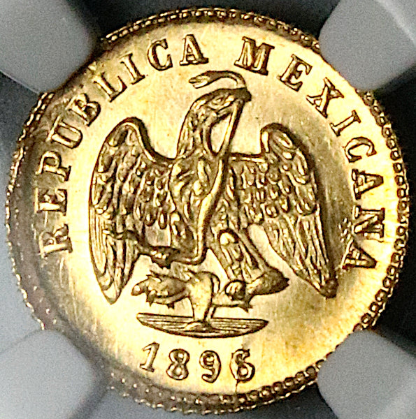 1896/5-Go NGC MS 65 Mexico Gold 1 Peso Guanajuato Mint Overdate Coin POP 2/0 (24122903C)