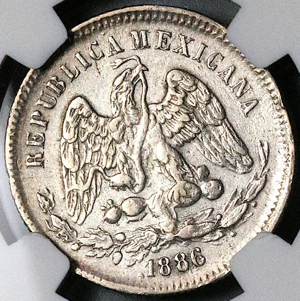 1886-CH NGC AU 50 Mexico 25 Centavos Chihuahua Mint 22k Silver Coin POP 1/0 (25020502C)