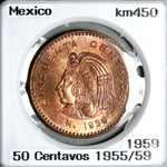 1959 Mexico 50 Centavos Gem BU Cuauhtémoc Eagle Cactus Bronze Coin (24100802R)