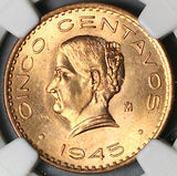 1945 NGC MS 65 RD Mexico 5 Centavos Josefa Bronze Red Coin (23082902C)