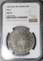 1834/3-Do RM/L NGC AU 55 Mexico 8 Reales Durango Mint Scarce Overdate Silver Coin (25031102C)