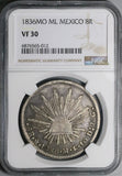 1836-Mo ML/F NGC VF 30 Mexico 8 Reales Rare Cap Rays Silver Coin (24082002C)