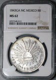 1843-Ga MC NGC MS 62 Mexico 8 Reales Guadalajara Mint Rare Silver Coin POP 1/1 (24051902C)