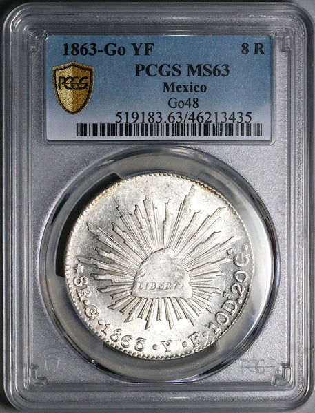 1863-Go PCGS MS 63 Mexico 8 Reales Guanajuato Cap Rays Silver Coin