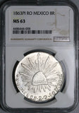 1863-Pi NGC MS 63 Mexico 8 Reales Potosi Mint State Silver Coin POP 3/4 (24060201C)