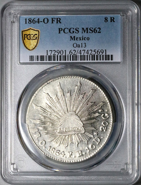 1864-O PCGS MS 62 Mexico 8 Reales Oaxaca Mint Scarce Silver Coin