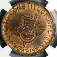 1914 NGC MS 63 RB Chihuahua 5 Centavos Mexico Revolution Coin (24100702C)