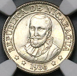 1936 NGC MS 65 Nicaragua 10 Centavos Volcanos Sun Cordoba Silver Coin POP 6/2 (24090601C)