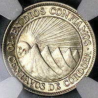 1936 NGC MS 65 Nicaragua 10 Centavos Volcanos Sun Cordoba Silver Coin POP 6/2 (24090601C)