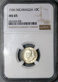 1936 NGC MS 65 Nicaragua 10 Centavos Volcanos Sun Cordoba Silver Coin POP 6/2 (24090601C)