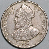 1904 Panama 50 Centesimos XF 25g 90% Silver Coin (24060805R)