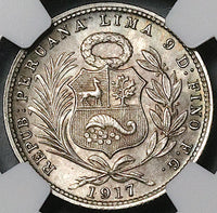 1917 NGC MS 64 Peru 1/5 Sol Silver Seated Liberty Key Date 20k Coin (23053103C)