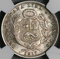 1917 NGC MS 64 Peru 1/5 Sol Silver Seated Liberty Key Date 20k Coin (23053103C)