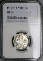 1917 NGC MS 64 Peru 1/5 Sol Silver Seated Liberty Key Date 20k Coin (23053103C)