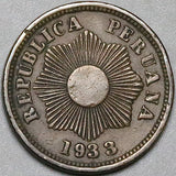 1933 Peru Un 1 Centavo VF+ Radiant Sun Key Date Coin (24101203R)