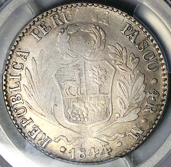 1844 PCGS VF Peru 4 Reales Pasco Mint Rare Standing Liberty Silver Coin (25012403C)