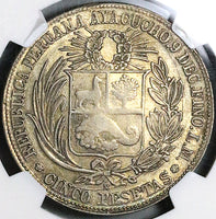 1882 NGC AU 55 Peru 5 Pesetas Ayacucho Mint Scarce Chile Occupation Silver Coin (23040902D)