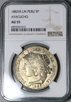 1882 NGC AU 55 Peru 5 Pesetas Ayacucho Mint Scarce Chile Occupation Silver Coin (23040902D)