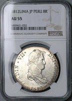 1812 NGC AU 55 Peru 8 Reales Ferdinand VII Lima Pillars Silver Coin (24063003C)