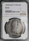 1824 Cuzco NGC VF 25 Peru 8 Reales Ferdinand VII Pillars Rare Silver Coin (24122202C)