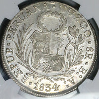 1834 NGC UNC Peru 8 Reales Cuzco-BoAr Rare Standing Liberty Silver Coin (24052103C)