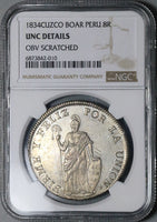 1834 NGC UNC Peru 8 Reales Cuzco-BoAr Rare Standing Liberty Silver Coin (24052103C)