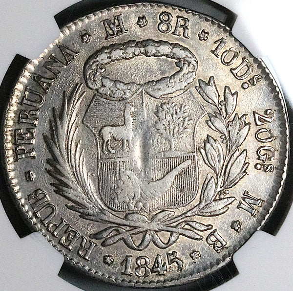 1845 NGC XF 45 Peru LIMA 8 Reales Standing Liberty Silver Coin