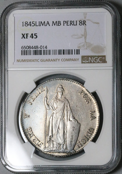 1845 NGC XF 45 Peru LIMA 8 Reales Standing Liberty Silver Coin