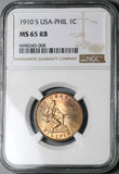 1910-S NGC MS 65 Philippines 1 Centavo RB USA Administration Coin (23091501C)