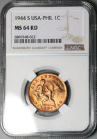 1944-S NGC MS 64 RED Philippines 1 Centavo Mint State USA Coin (24031701C)