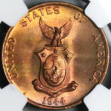 1944-S NGC MS 65 RB Philippines 1 Centavo Mint State USA Coin (24072301C)