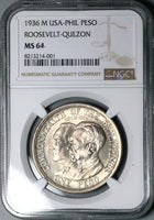 1936 NGC MS 64 Philippines Roosevelt Quezon Peso Silver Commonwealth Commemorative Coin (25012501C)