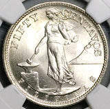 1945-S NGC MS 65 Philippines Silver 50 Centavos GEM WWII USA Coin (24053103C)