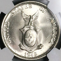 1945-S NGC MS 65 Philippines Silver 50 Centavos GEM WWII USA Coin (24053103C)