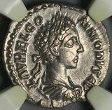 179 NGC Ch XF Commodus Roman Empire Denarius Fortuna Rare Portrait (24120301C)