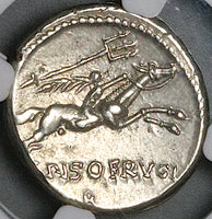 90 BC NGC XF Piso Frugi Roman Republic Denarius Apollo Horseman (24081703C)