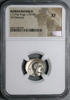 90 BC NGC XF Piso Frugi Roman Republic Denarius Apollo Horseman (24081703C)