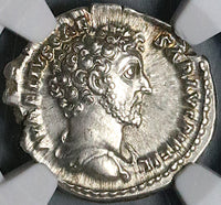 151 NGC AU Marcus Aurelius Roman Emp Caesar Denarius Unpublished Obverse Genius Legions (24042404C)