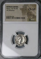 97 NGC Ch VF Nerva Roman Empire Denarius Aequitas Trajan Father (24111301D)