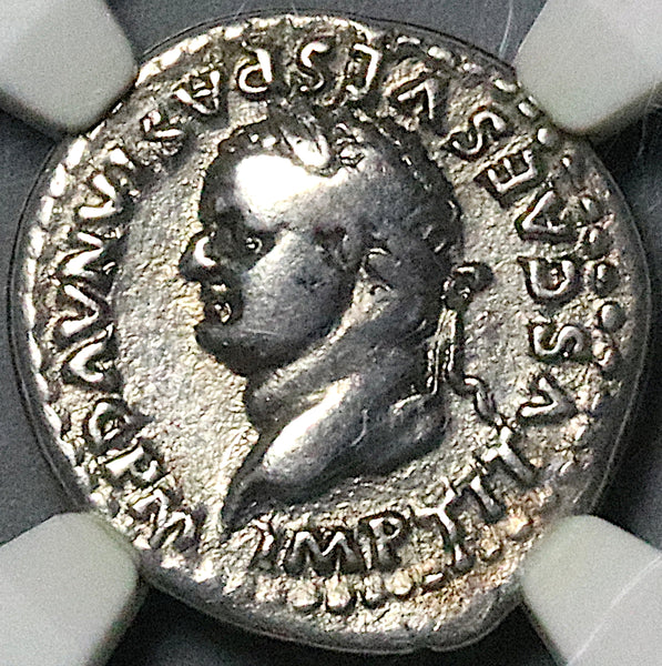 80 NGC Ch F Titus Denarius Roman Empire Chairs Coliseum Vesuvius Commemorative (24051702C)