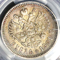 1901 фз PCGS AU Russia Rouble Nicholas II Czar Petersburg Silver Coin (24121701C)