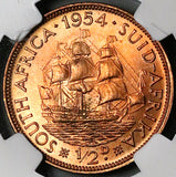 1954 NGC MS 64 South Africa 1/2 Penny Elizabeth II 101k Key RED Coin (24082602C)